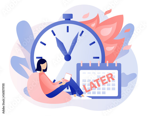 Procrastination concept. Do it later. Tiny woman procrastinating instead of working. Unprofitable time spending, useless pastime. Lazy, unproductive. Modern flat cartoon style. Vector illustration
