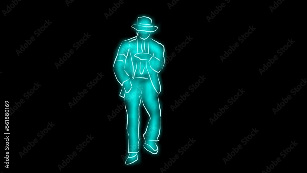 Looped dancing video. Neon man dance performance with transparent background.