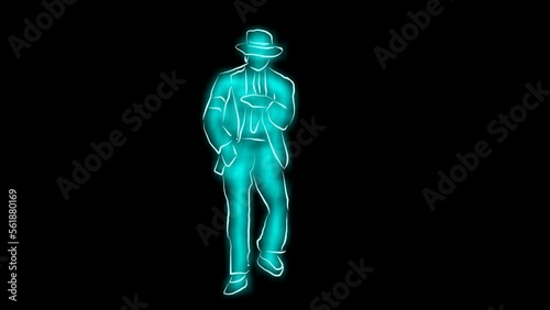 Looped dancing video. Neon man dance performance with transparent background.