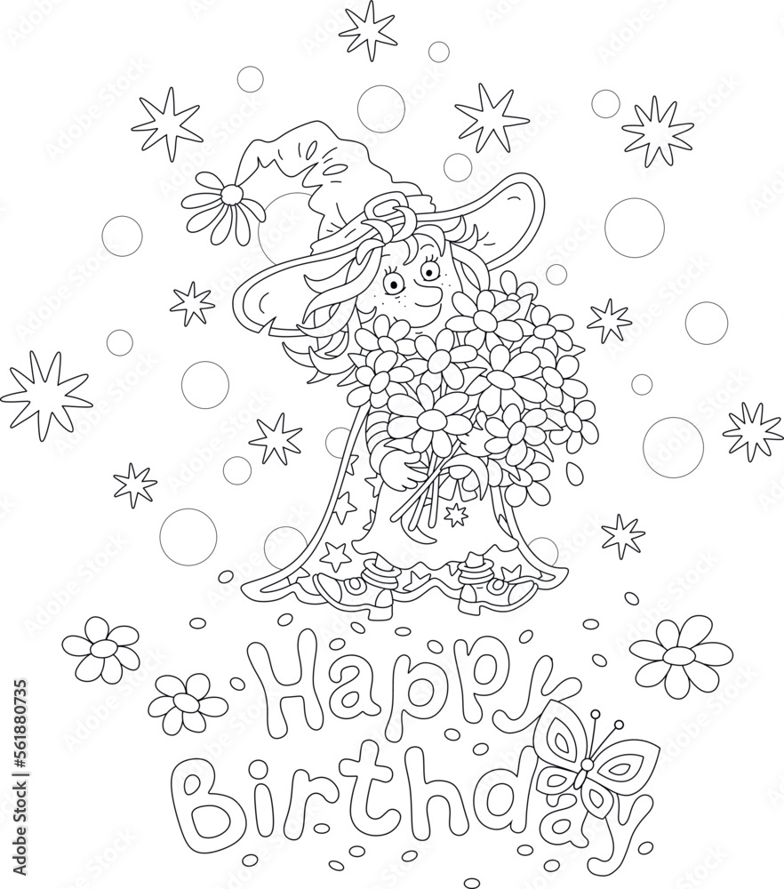 Happy birthday card with a funny little witch holding a beautiful bouquet of summer flowers, black and white outline vector cartoon illustration