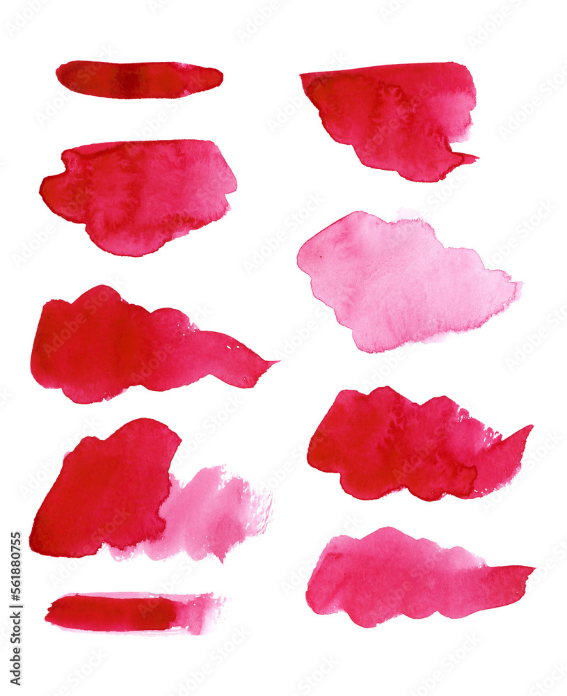 Bright painted red watercolor strips. Hand drawn elements isolated on white background.