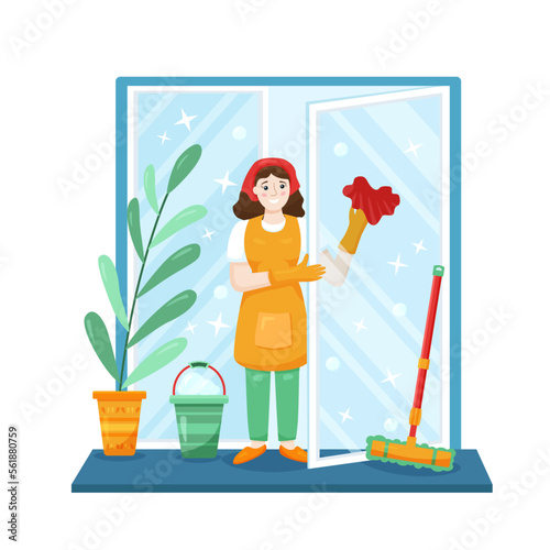 Flat young woman cleans and washes window at home background. Vector cartoon illustration with bucket and foam in bright colors. Square image of cute female character with smile for poster or concept