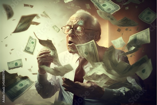 Old man billionaire with money flying around. Illustration epic money moment. Stonks. Generative AI. photo
