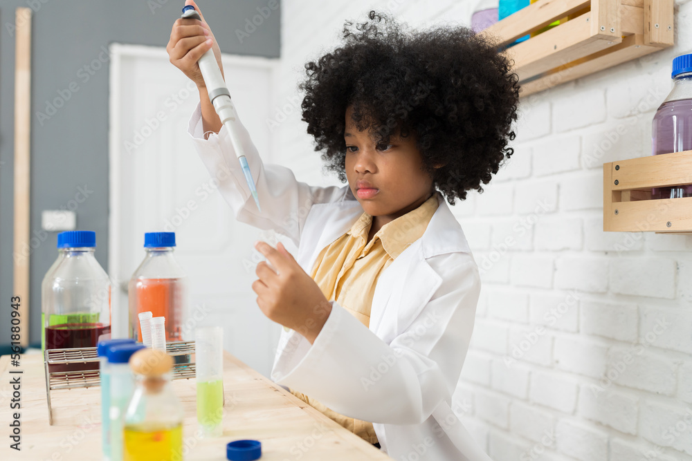 African American child girl scientists learning science and analysing ...