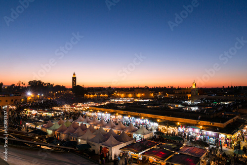 Jama el fna night market at sunset in Marrakech, Morocco 