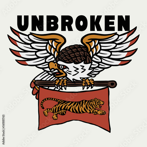 Wings Open Eagle and Jumping Tiger Tattoo Style Illustration Artwork with Unbroken Slogan on White Background for Apparel and Other Uses