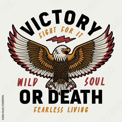 American Tattoo Style Eagle With Wings Spread Out Illustration with Victory or Death Slogan Vector Artwork on White Background for Apparel and Other Uses