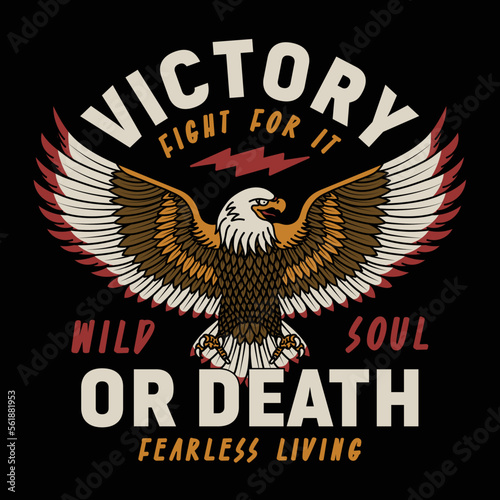 American Tattoo Style Eagle With Wings Spread Out Illustration with Victory or Death Slogan Vector Artwork on Black Background for Apparel and Other Uses