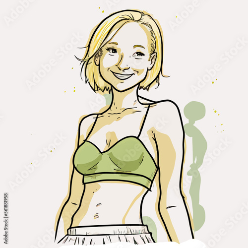 A vectorized portrait of a smiling and communicative young blonde woman, isolated on a white background. Conveys a positive emotion for various graphic uses.