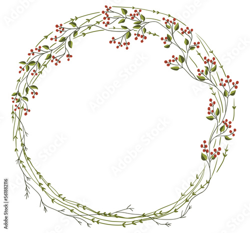 Hand drawn decorative vector floral frame with red berries and green leaves.