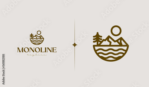 Mountain Pine Tree Monoline Logo Template. Universal creative premium symbol. Vector illustration. Creative Minimal design template. Symbol for Corporate Business Identity