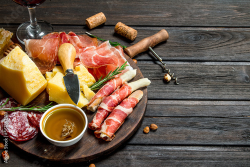Antipasto background.Board with traditional Italian snacks.
