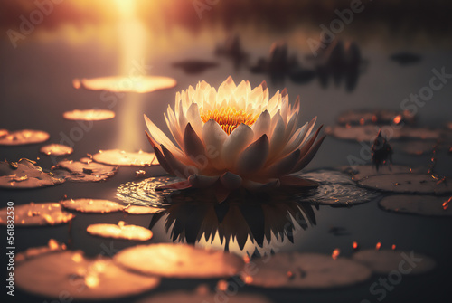 waterlily on the lake at sunset. Generative AI
