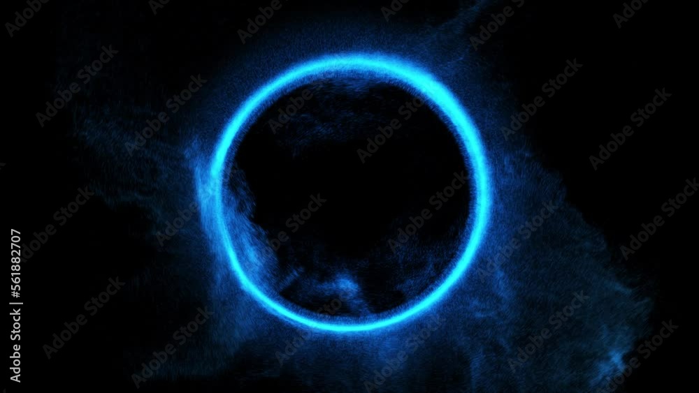 lightning blue ring. Shining plasma particles in motion. electricity, Plasma ring on a dark background. 4K loop lightning blue ring. Shining plasma particles in motion. electricity, Plasma ring on a dark background. 4K loop