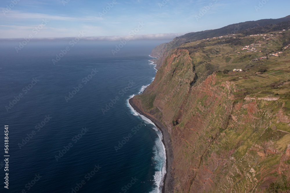 Great drone photo along the cliffs of Madeira. Where land meets water. Portugal on the Atlantic.
