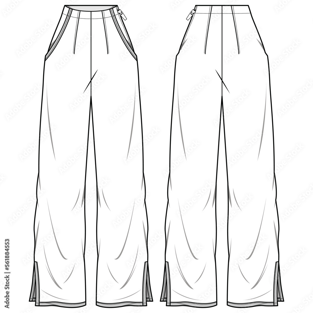 Women's mannish pants trouser flat sketch fashion illustration front and back view, wide leg