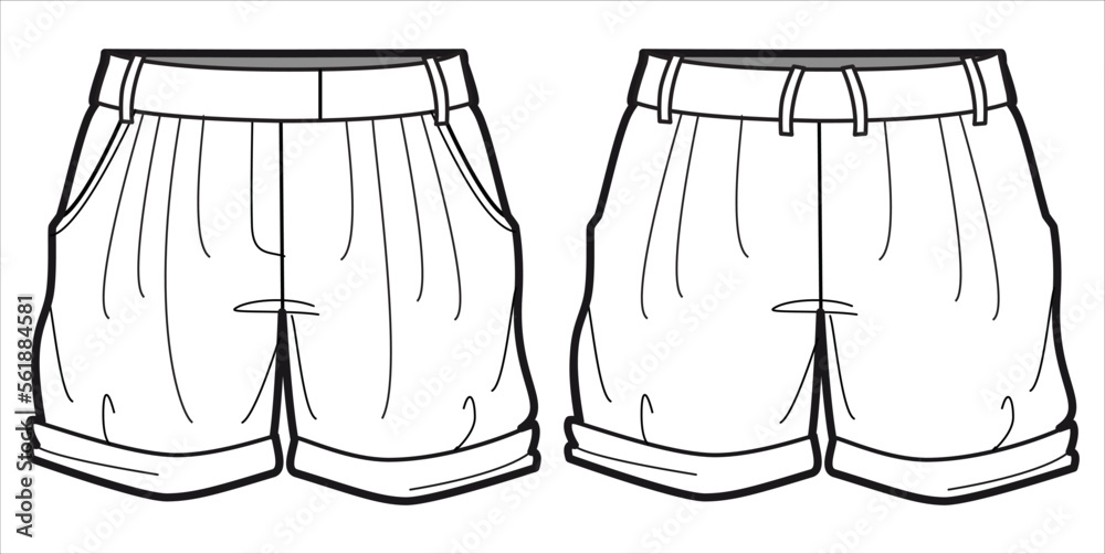 Women's casual shorts design front and back view flat sketch fashion