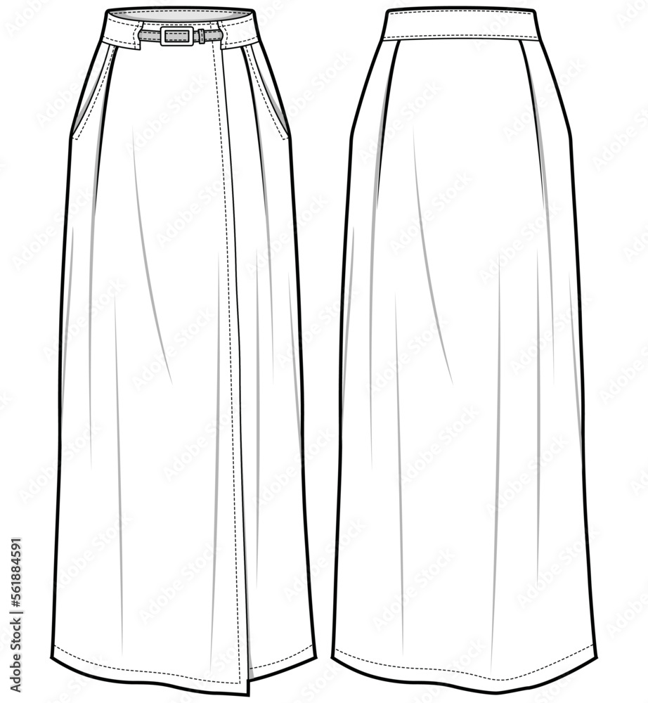 Women front open Column Skirt with pocket flat sketch illustration ...