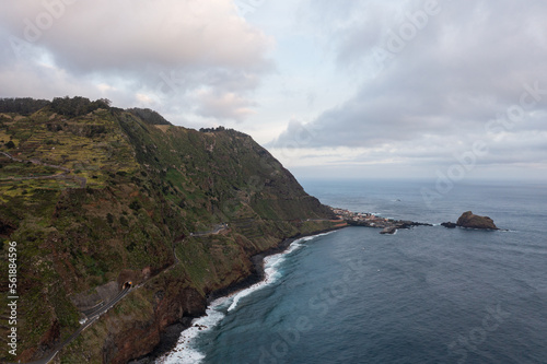 Great drone photo along the cliffs of Madeira. Where land meets water. Portugal on the Atlantic.