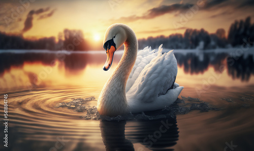 Fototapeta Naklejka Na Ścianę i Meble -  swan on the lake at sunset. Generative AI