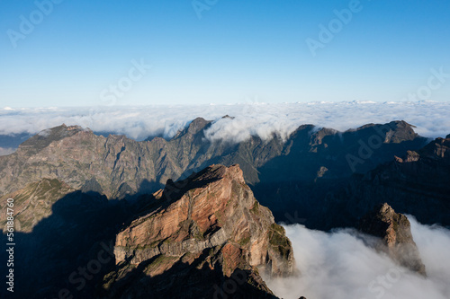 Very beautiful landscape in the high mountains of the small island of Madeira in the Atlantic Ocean on a sunrise in the golden hour.