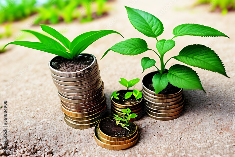 Growing Money - Plant On Coin stacks - Finance And Investment Concept Generative AI