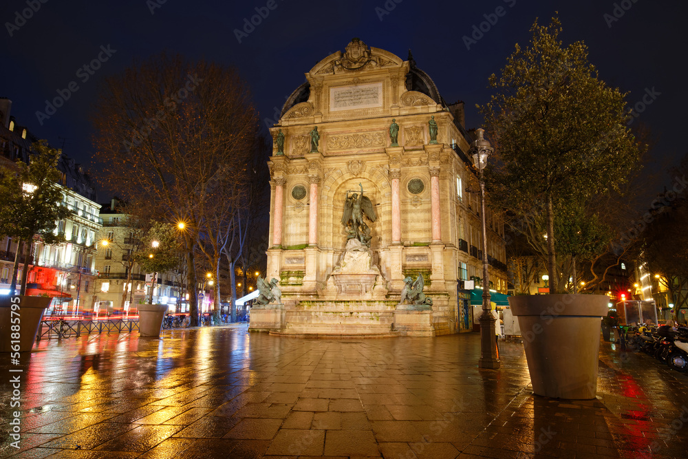 The fountain Saint-Michel at Place Saint-Michel in Paris, France. It was constructed in 1858-1860 during French Second Empire .