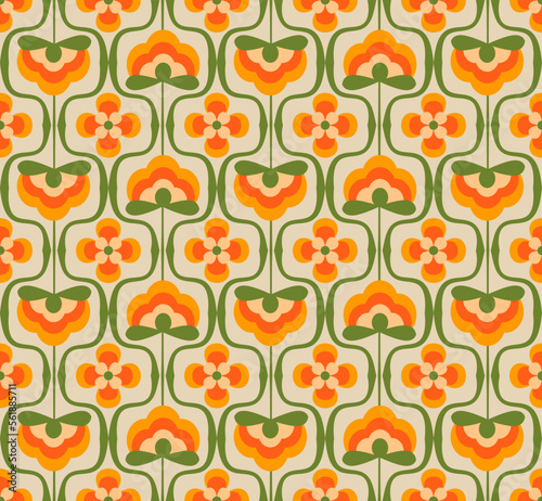 70's retro seamless vector pattern. Geometric floral vintage background. Abstract seventies texture