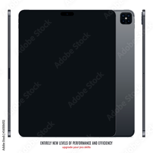 new frameless tablet grey color with black touch screen saver front, back and side view isolated on white background. mockup of realistic and detailed device with shadow. vector illustration