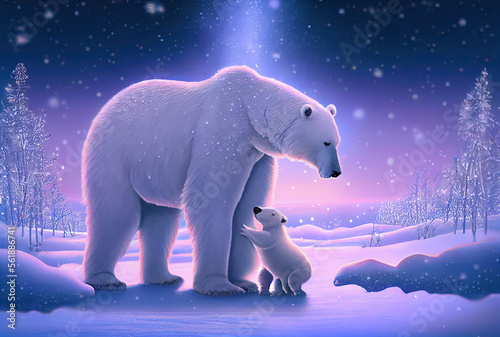 White polar bear with cub at polar night