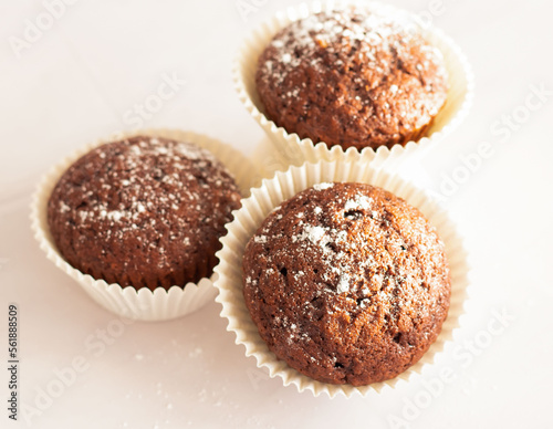 Chocolate muffins on a white plate, on a white background. Fresh chocolate.