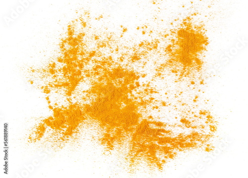 Turmeric scattered powder pile isolated on white background, top view