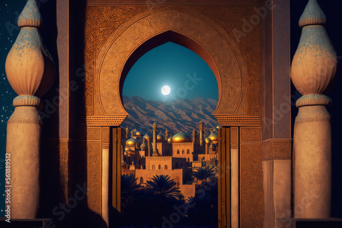 View of the mosque. A Moroccan landscape at night. Big moon in the sky. A amazing arch. Arab architecture. Generated AI image