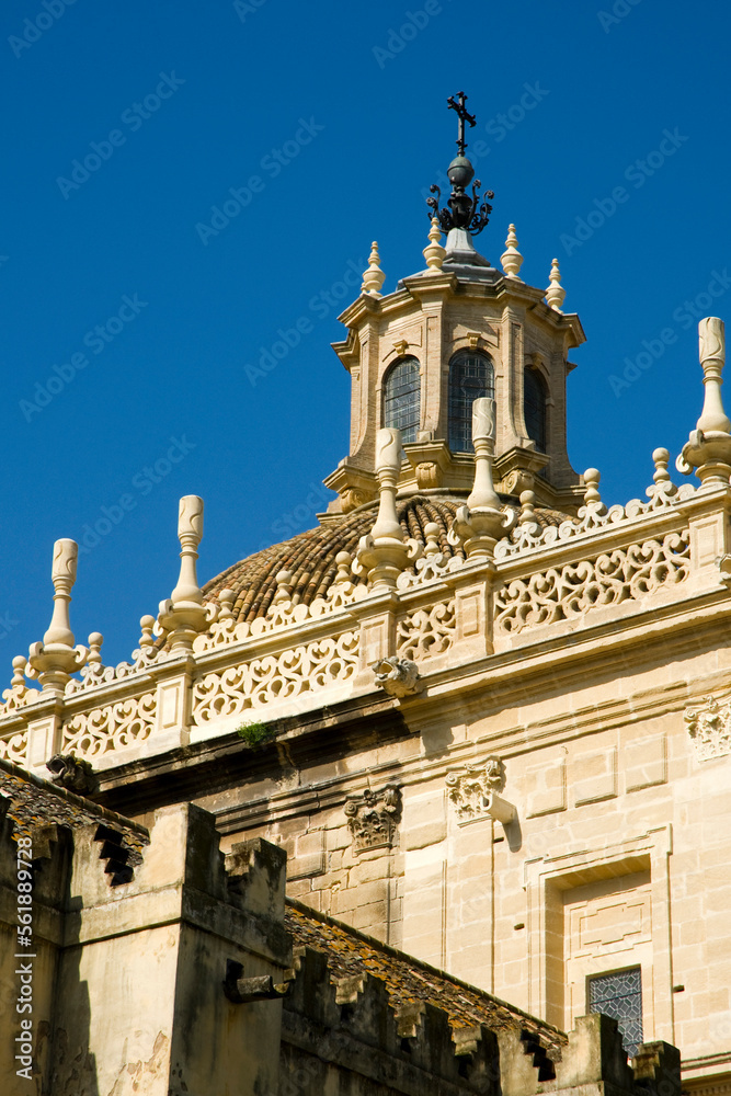 Detail of the Cathedral in Seville, Spain. Sunshine, Blue sky.