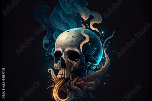 An illustration of a skull and octopus smoking cigarettes in the dark sky. Generative AI