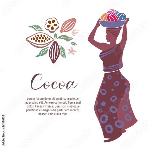 Farmer woman carries basket with cocoa pods, which are used as raw material for the production of chocolate. Pickers with baskets full of cocoa pods. Cocoa Beans. Vector illustration.