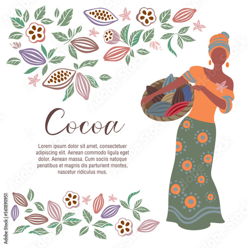 Farmer woman carries basket with cocoa pods, which are used as raw material for the production of chocolate. Pickers with baskets full of cocoa pods. Cocoa Beans. Vector illustration.