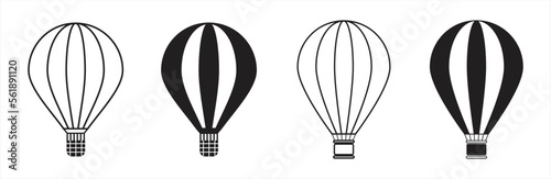 Hot air balloon icon. Hot air balloon collection. Hot air balloon in flat style. Simple hot air balloon. Vintage sky transport, air journey flying aerostat vector symbols set. Vector illustration.