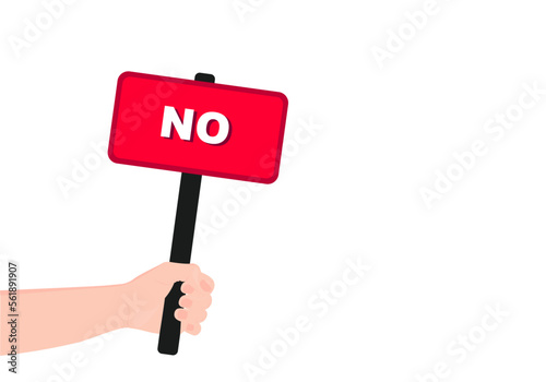 Red sign with the word no. The human hand is holding a tablet. The answer is no to the survey. Expression of a negative opinion. Choice by vote. Vector illustration. 