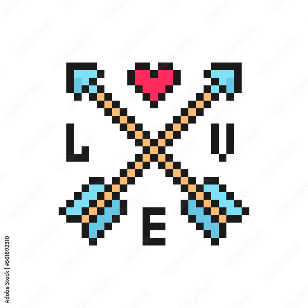 Crossed arrows and the word love icon in pixel art style. Symbol for Valentine's Day. Isolated on white background vector sign