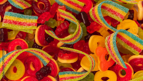 Assorted colorful gummy candies. Top view. Jelly donuts.