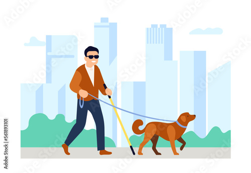 Blind man with guide dog walking in park. Disabled persons outdoor stroll. Pet leading handicapped male. Visual disability. Trained animal companion. Invalid assistance. Vector concept