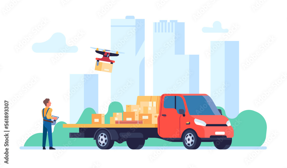 Cargo delivery by quadcopter. Order shipping. Robots fly. Cardboard parcel boxes modern aerial distribution. Express delivering service. Courier in uniform. Freight shipment. Vector concept