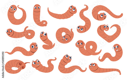 Cartoon funny soil worms. Earthworm poses. Useful garden inhabitant. Little insect. Farm yard life. Underground compost makers. Crawling caterpillar. Sleeping rainworm. Splendid vector set