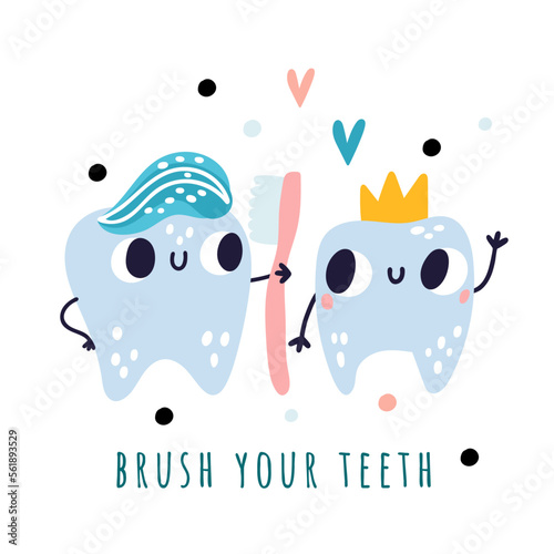 Children dentistry banner. Cute cartoon teeth character with toothbrush. Everyday oral hygiene steps. Happy molar mascot with funny face. Dental care. Vector kids educational funny card