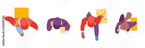 Courier delivering box. Walking people top view. Men or women carry order in bags. Parcel shipping. Persons in uniform with caps and backpacks. Shipment service. Vector delivers set