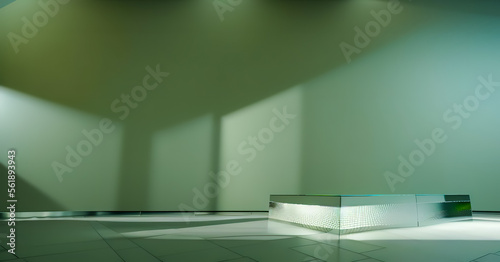Generative AI 3d rendered illustration with geometric shapes green podium top light platforms for product presentation, with empty space. Abstract composition in modern style 