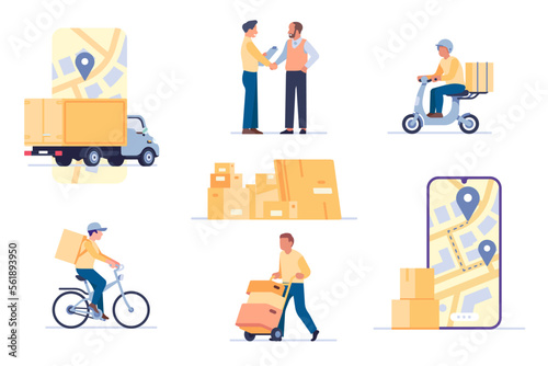 Delivery workers. Courier characters team. Order shipping application. Cardboard boxes stack. Smartphone map navigation. Deliveryman riding bicycle or scooter. Vector cargo shipment set