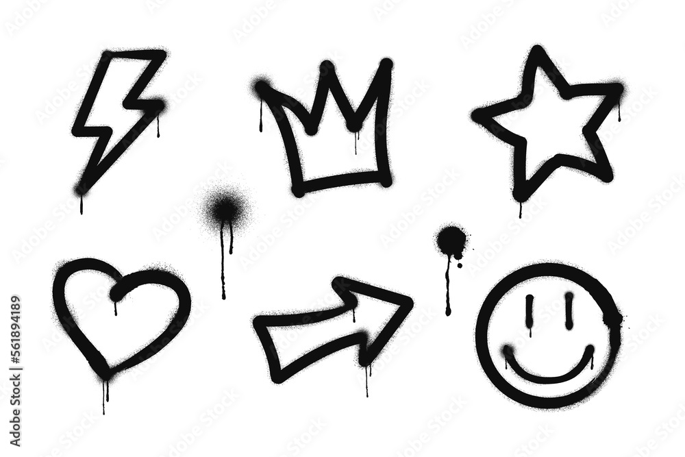 Graffiti drawing symbols set. Painted graffiti spray pattern of lightning, arrow, crown, star, heart and smile. Spray paint elements. Street art style illustration. Vector.