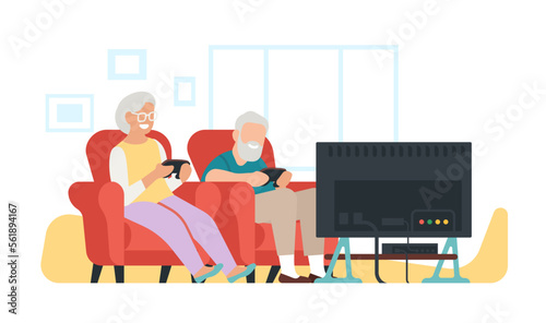 Elderly family playing video games on TV console. Grandma and grandpa relax together at home. Mature people sitting on sofa. Grandparents with video gaming joysticks. Vector concept